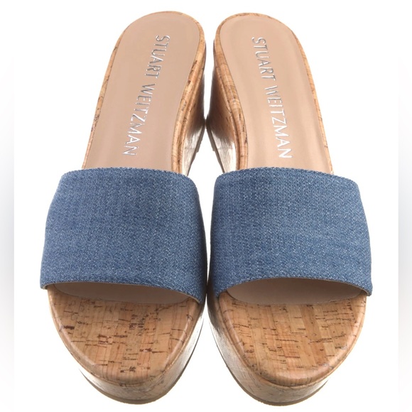 Stuart Weitzman Summer Denim Cork Wedge Blue Platform Slip On Sandals EUC Sz 7.5 - Picture 3 of 10